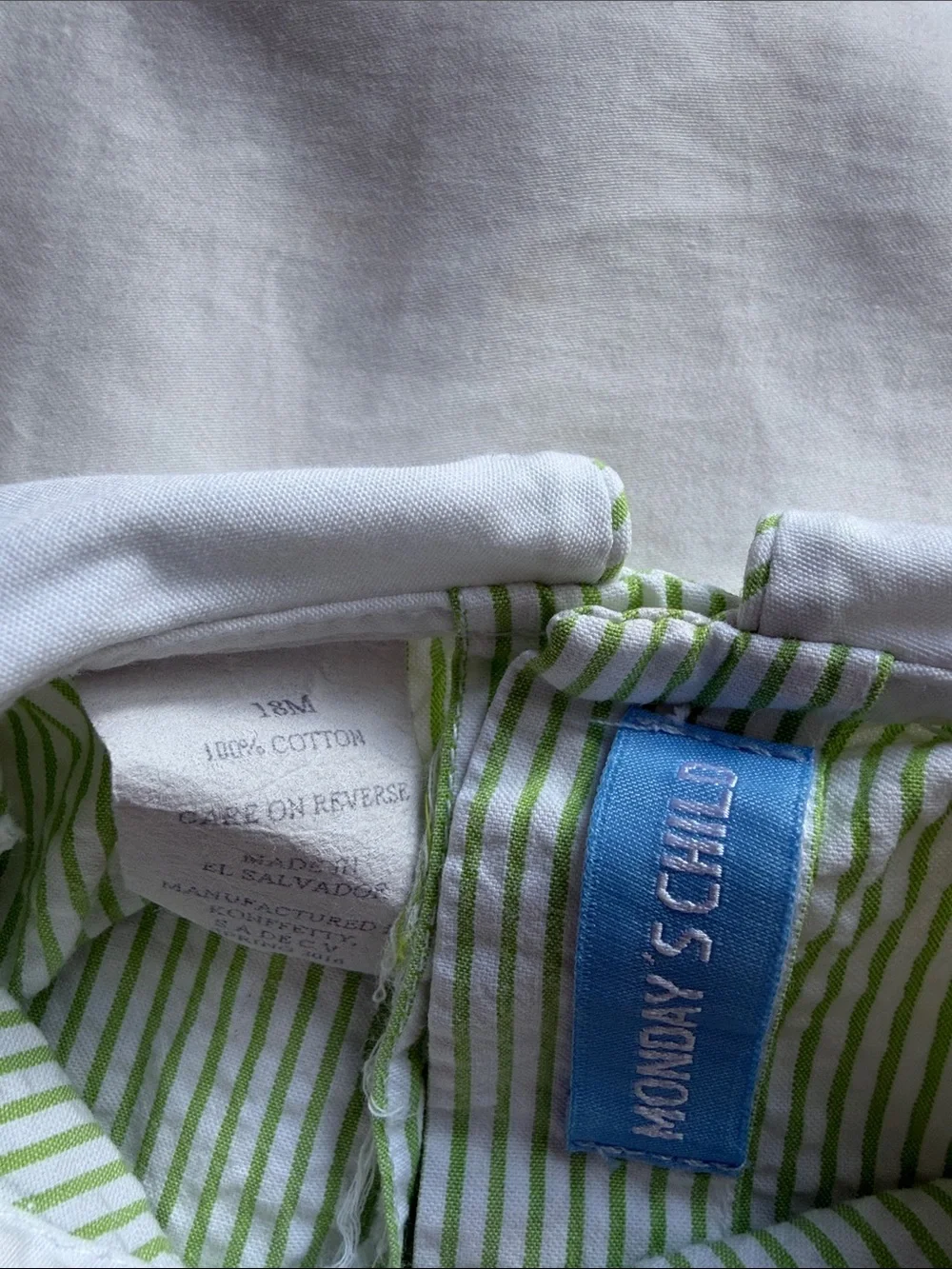 Monday's Child Green & White Striped Baby Romper with White Collar